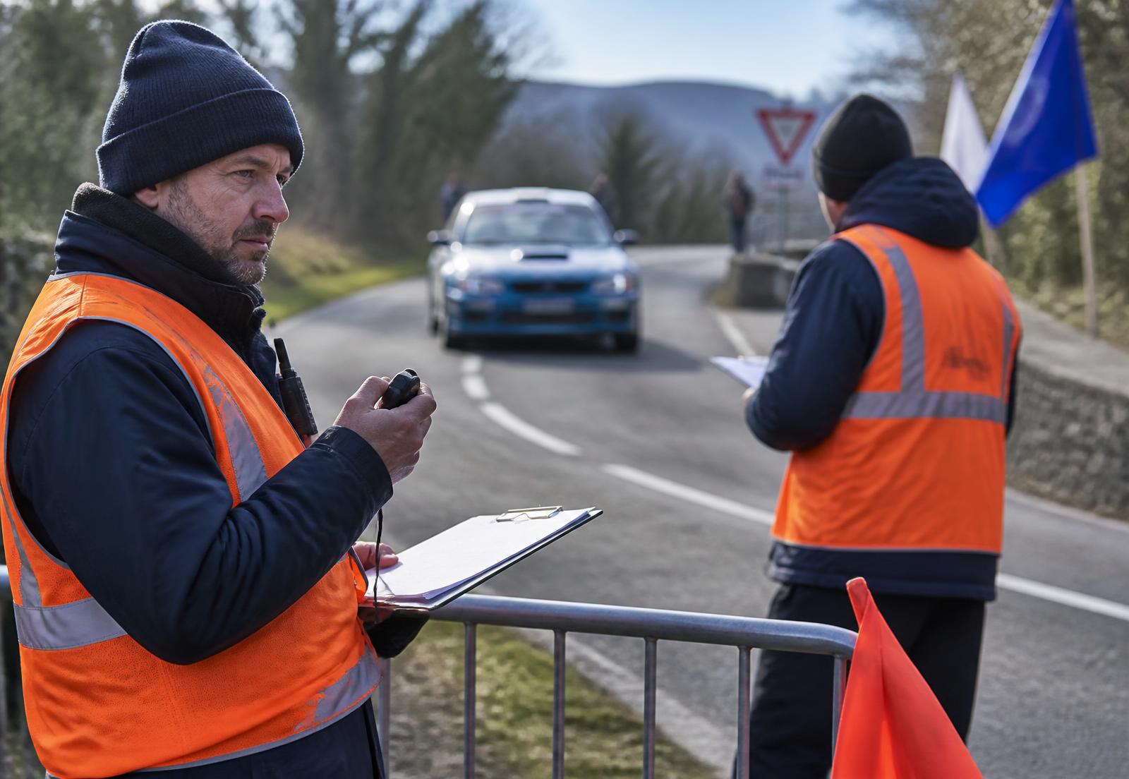 Oficiales de automovilismo con chaleco reflectante en un puesto de control de rallye